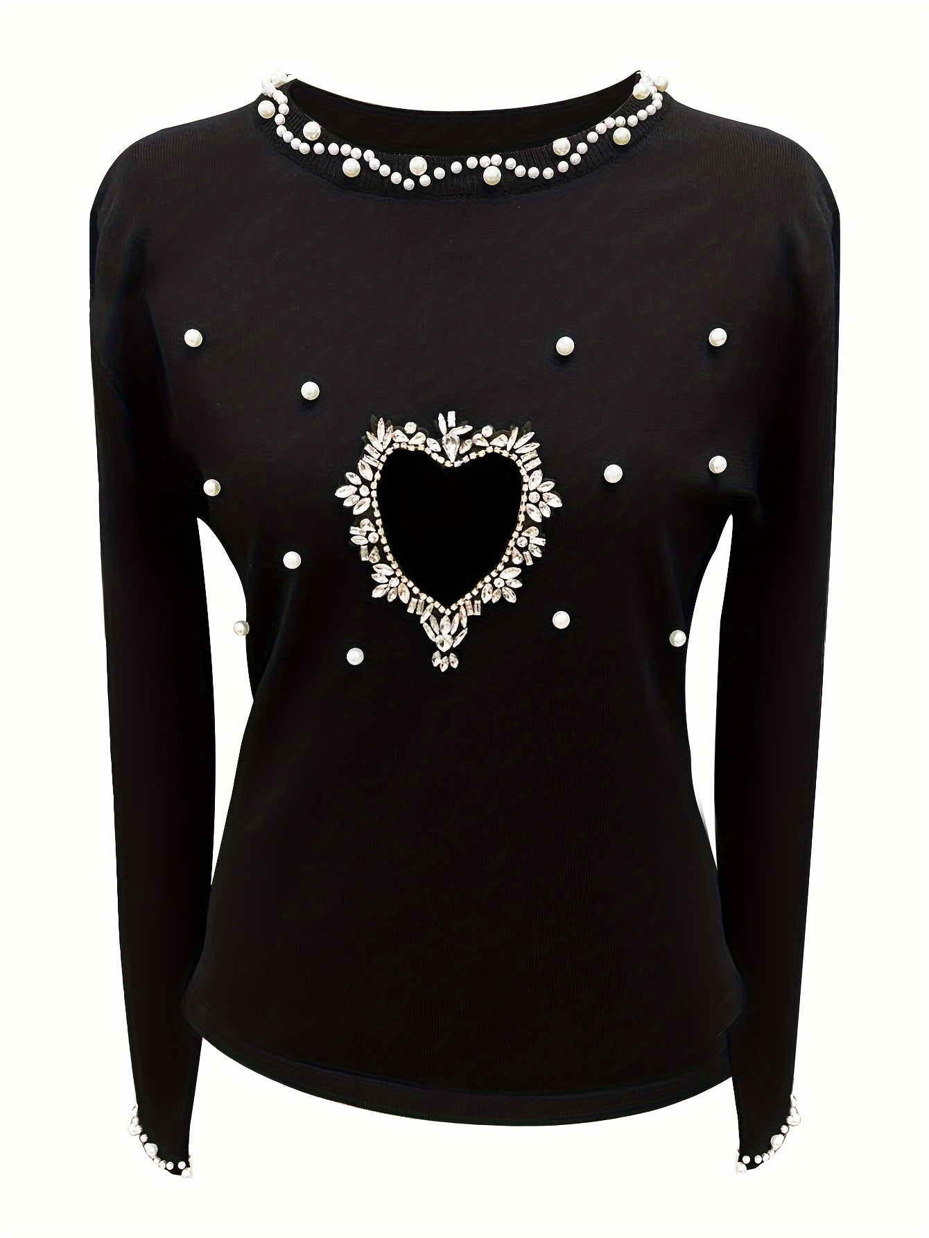 Trendy Women's Black Knit Sweater with Sparkling Heart – Lightweight Viscose Blend Top, Round Neck Long Sleeve, Chic Casual Pullover for Spring/Summer